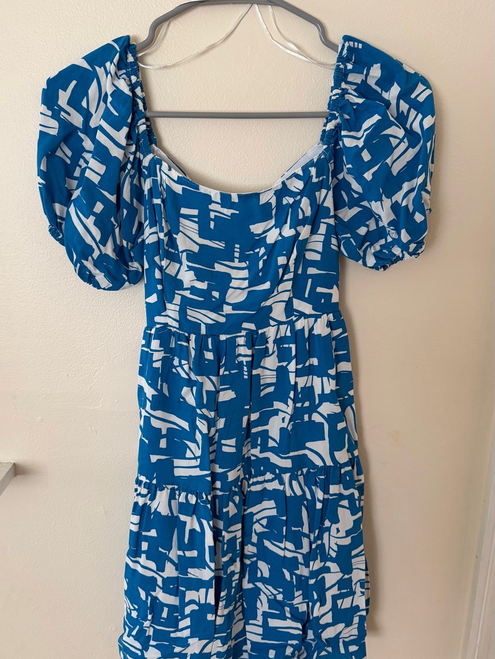 Blue & White Abstract Puff-Sleeve Midi Dress